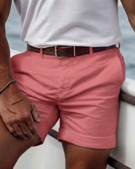 Coral pink lightweight casual shorts with belt and front pockets