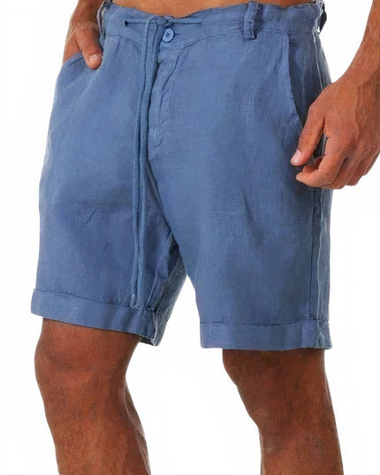 Blue men's linen cuffed drawstring shorts shown from the front with relaxed fit