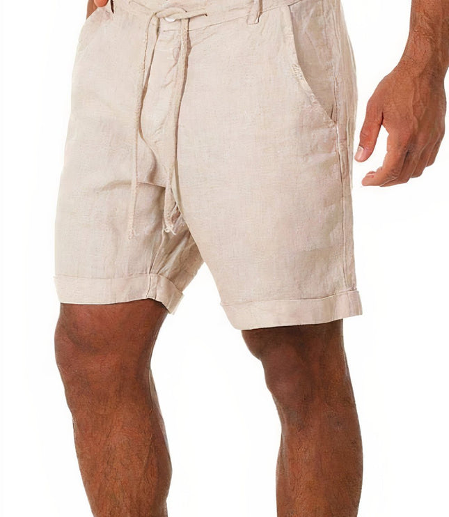 Beige men's linen cuffed shorts with textured fabric, drawstring tie, and slant pockets