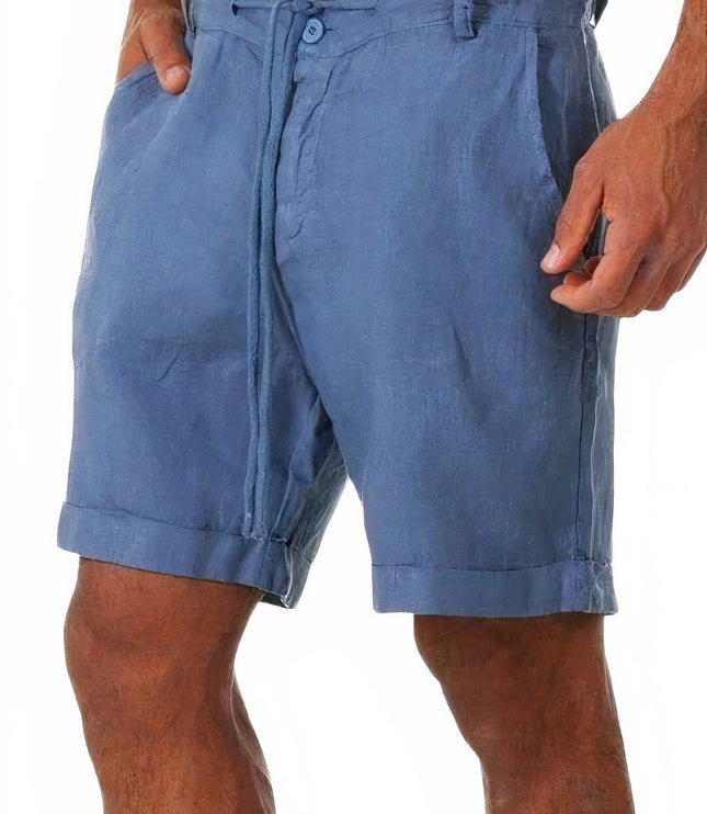 Blue men's linen drawstring shorts with cuffed hems and lightweight summer style