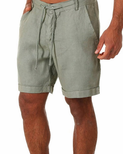 Olive green men's linen cuffed shorts with elastic drawstring waist and front pockets