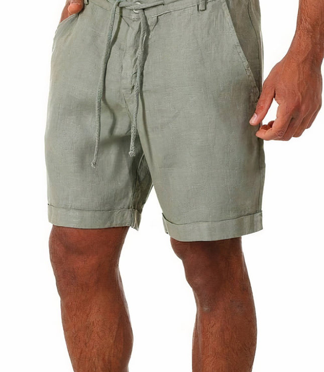Olive green men's linen cuffed shorts with elastic drawstring waist and front pockets