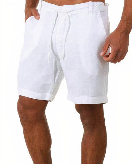 White men's linen shorts with rolled cuffs, drawstring waistband, and breathable fabric