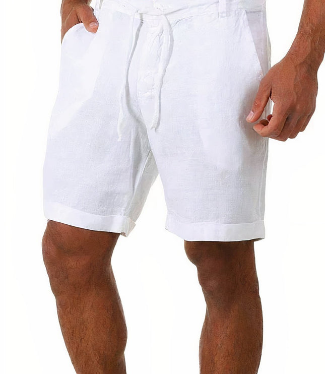 White men's linen shorts with rolled cuffs, drawstring waistband, and breathable fabric