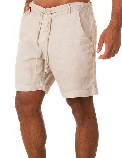 Beige men's linen cuffed drawstring shorts with front pockets and rolled hems
