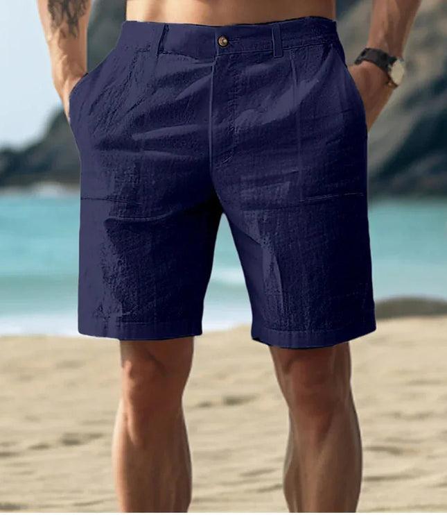 Navy men's linen knee length shorts with flat front and tailored summer style