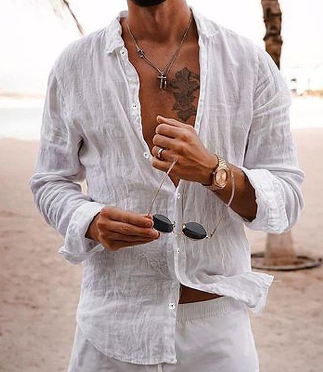Camisa de lino para hombre de manga larga para la playa