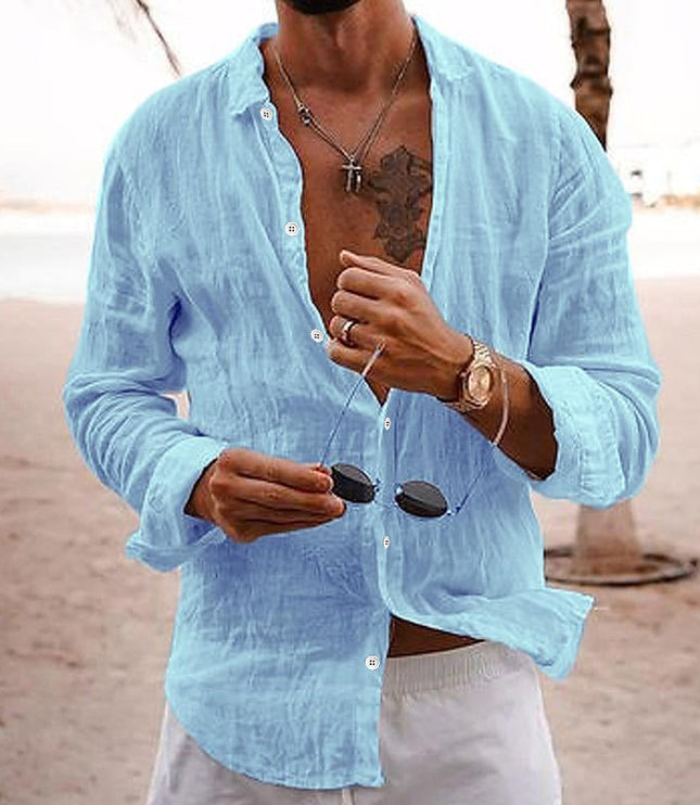 Camisa de lino para hombre de manga larga para la playa