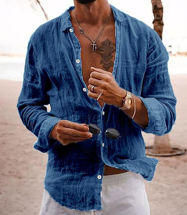 Camisa de lino para hombre de manga larga para la playa