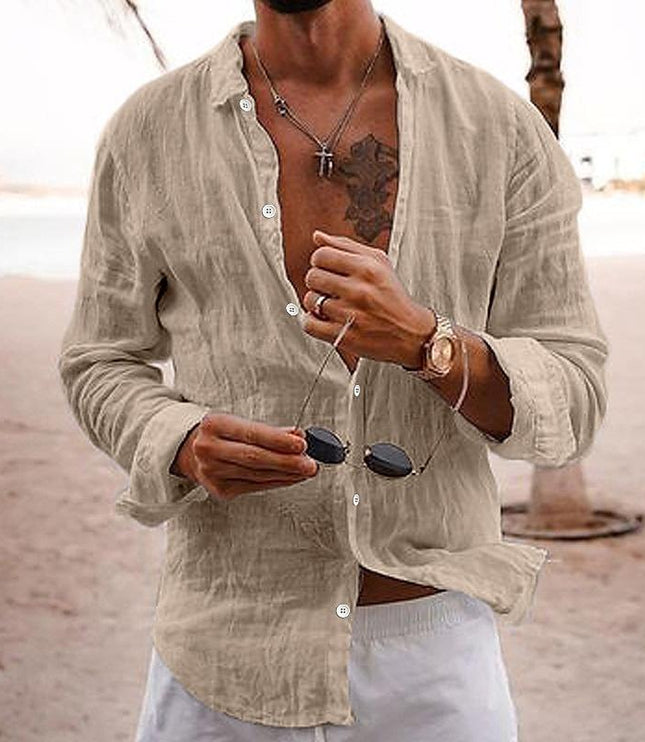 Camisa de lino para hombre de manga larga para la playa