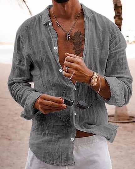 Camisa de lino para hombre de manga larga para la playa