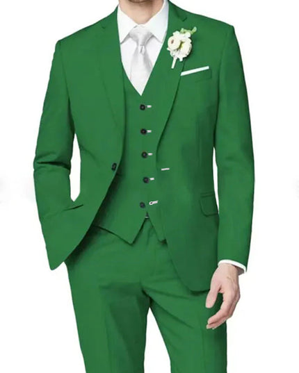 Green formal three piece suit with notch lapel jacket, double-breasted vest, and matching trousers