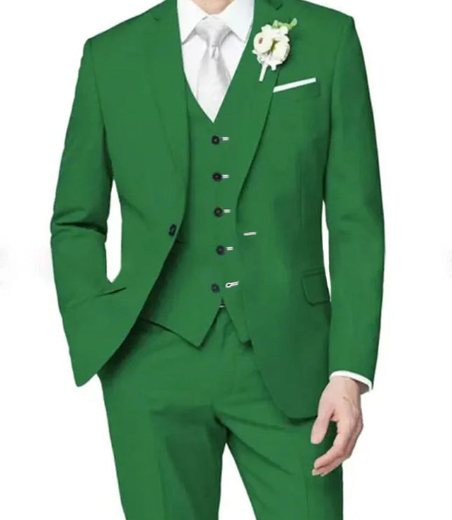 Green formal three piece suit with notch lapel jacket, double-breasted vest, and matching trousers