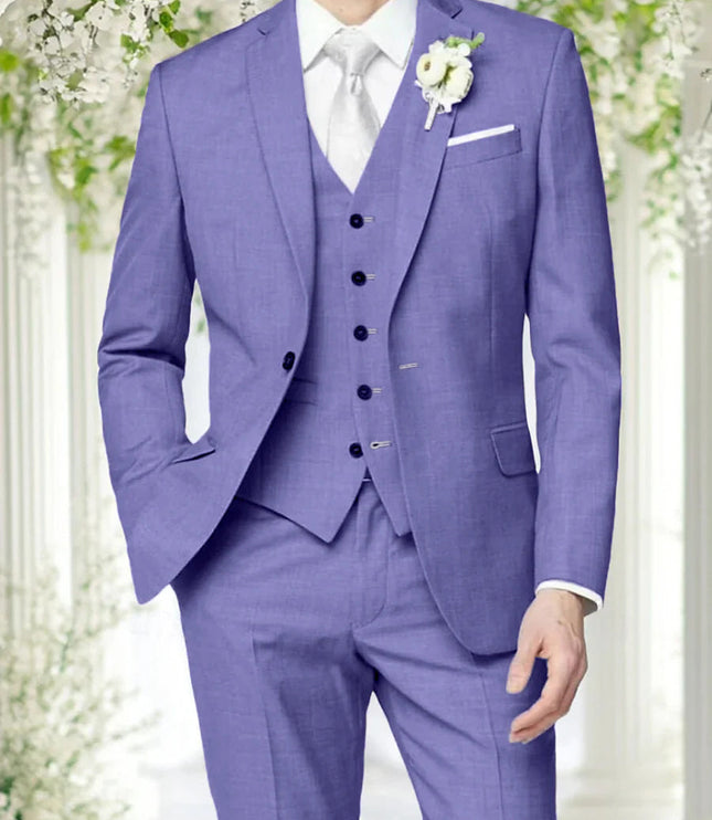 Size and measurement chart for men's formal three piece suit showing bust, shoulder, and length specifications