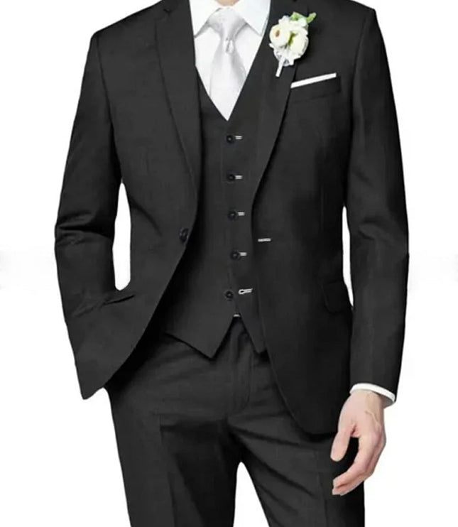 Men's formal black three piece notch lapel suit with vest