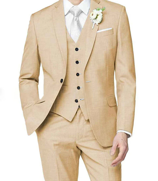 Men's formal cream beige three piece notch lapel wedding suit