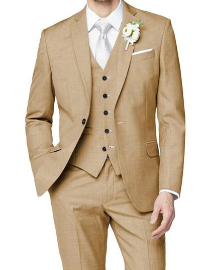 Cream beige formal three piece suit front view with vest detail