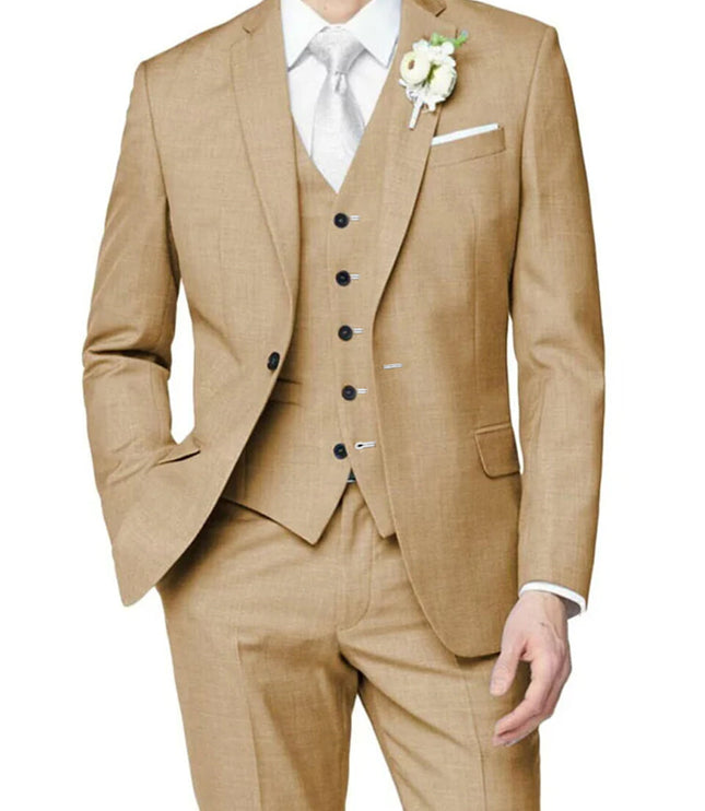 Cream beige formal three piece suit front view with vest detail