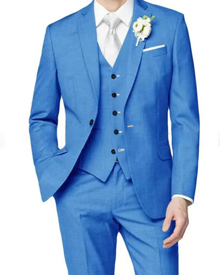 Men's formal bright blue three piece notch lapel suit