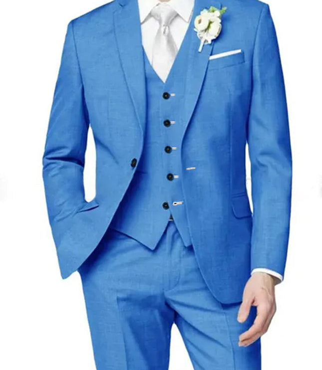 Men's formal bright blue three piece notch lapel suit
