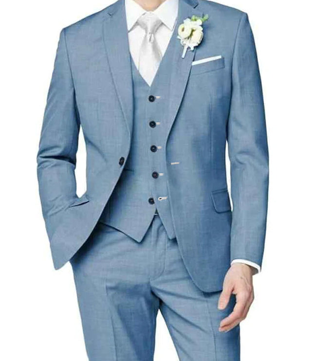 Men's formal slate blue three piece notch lapel suit