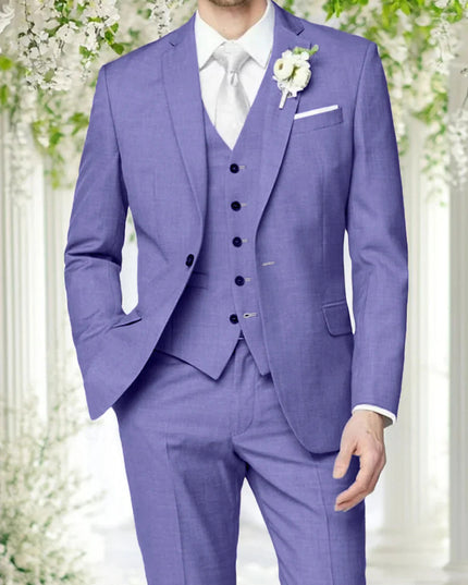 Men's formal three piece lavender notch lapel wedding suit front view