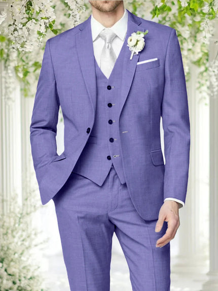 Men's formal three piece lavender notch lapel wedding suit front view