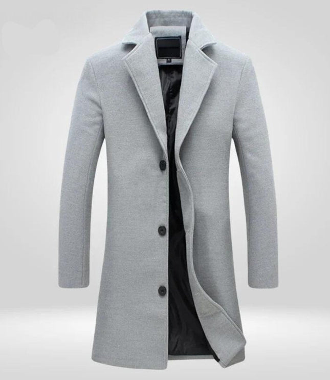Men's Single-Breasted Wool Coat Long Notch Lapel Overcoat - Gray