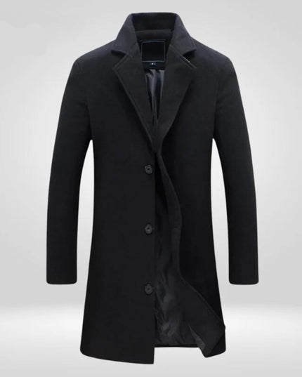 Men's Single-Breasted Wool Coat Long Notch Lapel Overcoat - Black