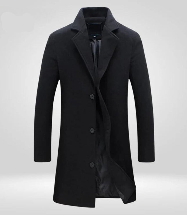 Men's Single-Breasted Wool Coat Long Notch Lapel Overcoat - Black