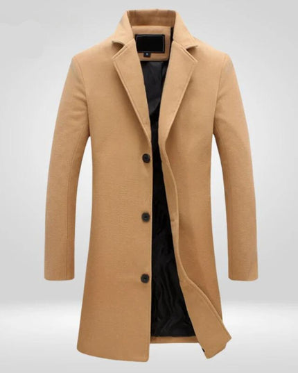 Men's Single-Breasted Wool Coat Long Notch Lapel Overcoat - Camel