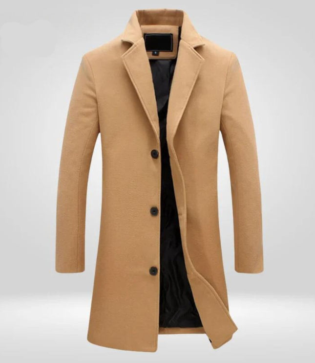 Men's Single-Breasted Wool Coat Long Notch Lapel Overcoat - Camel