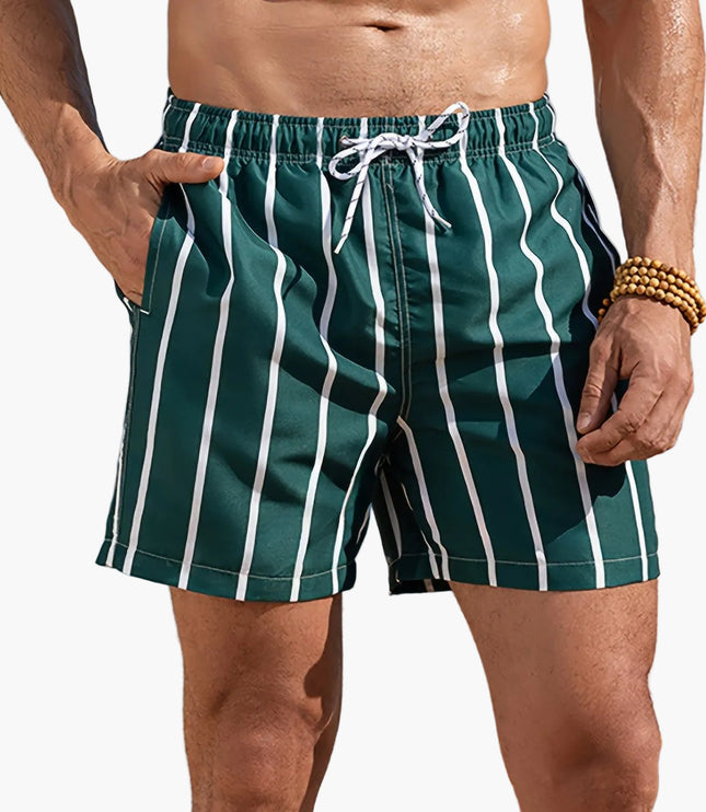 Bañador de verano para hombre en verde malaquita con rayas, secado rápido y bolsillos