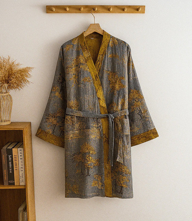 Men's Mid-Length Kimono Dressing Gown with Wide Sleeves