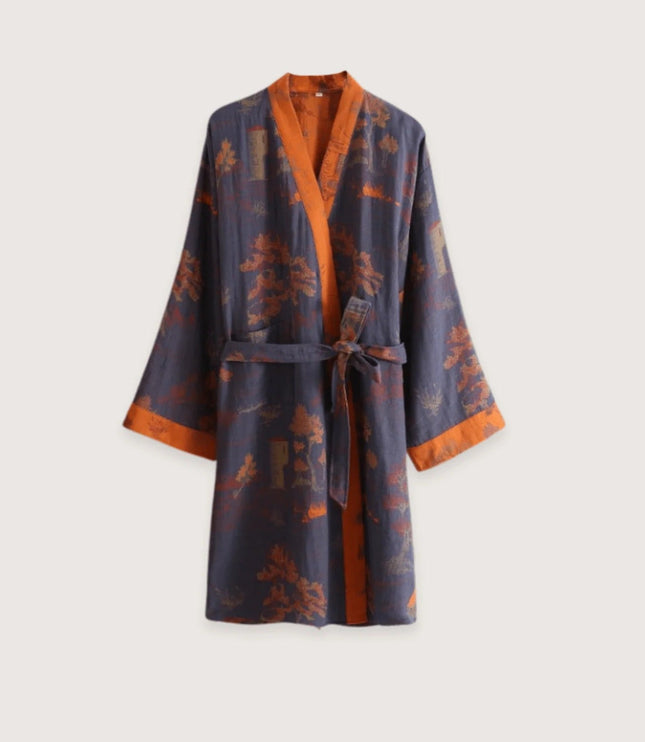 Men's Mid-Length Kimono Dressing Gown with Wide Sleeves