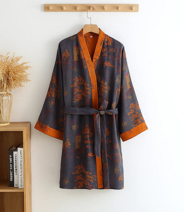 Men's Mid-Length Kimono Dressing Gown with Wide Sleeves