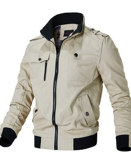 Men's Military-Style Zip-Up Bomber Jacket Ribbed Cuff - Khaki