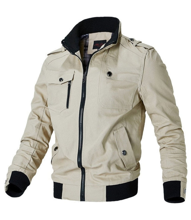 Men's Military-Style Zip-Up Bomber Jacket Ribbed Cuff - Khaki
