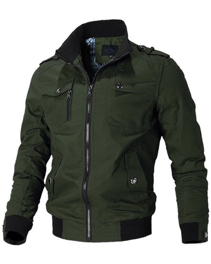 Men's Military-Style Zip-Up Bomber Jacket Ribbed Cuff - Green