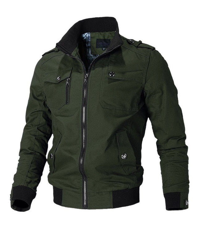 Men's Military-Style Zip-Up Bomber Jacket Ribbed Cuff - Green