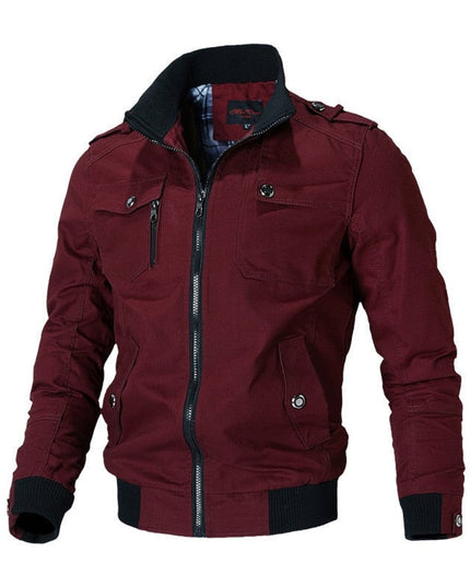 Men's Military-Style Zip-Up Bomber Jacket Ribbed Cuff - Red