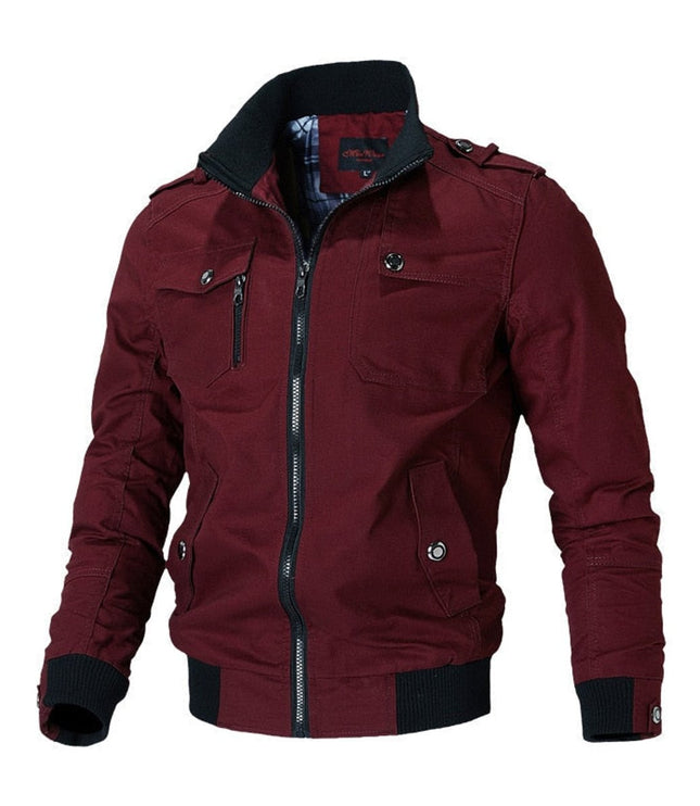 Men's Military-Style Zip-Up Bomber Jacket Ribbed Cuff - Red