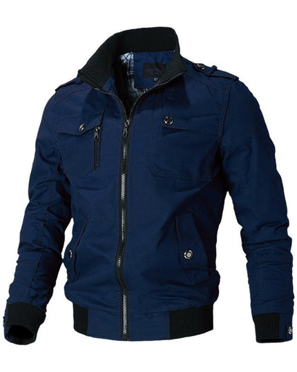 Men's Military-Style Zip-Up Bomber Jacket Ribbed Cuff - Blue
