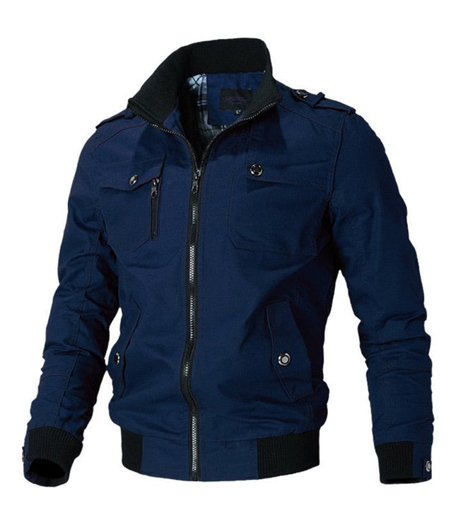 Men's Military-Style Zip-Up Bomber Jacket Ribbed Cuff - Blue