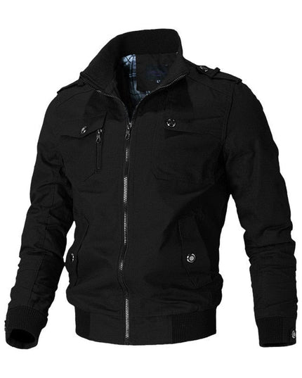 Men's Military-Style Zip-Up Bomber Jacket Ribbed Cuff - Black