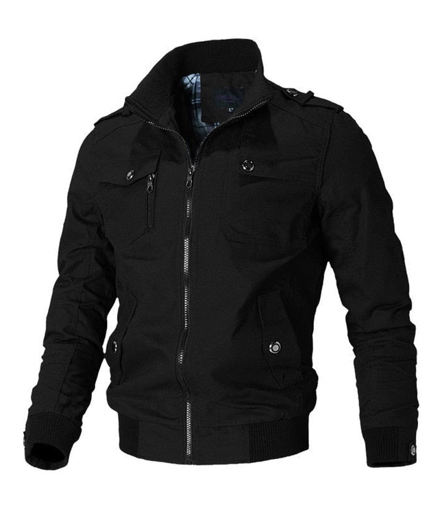 Men's Military-Style Zip-Up Bomber Jacket Ribbed Cuff - Black