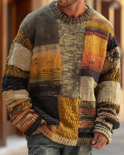 Men's Patchwork Colorblock Long Sleeve Knit Sweater - Abstract