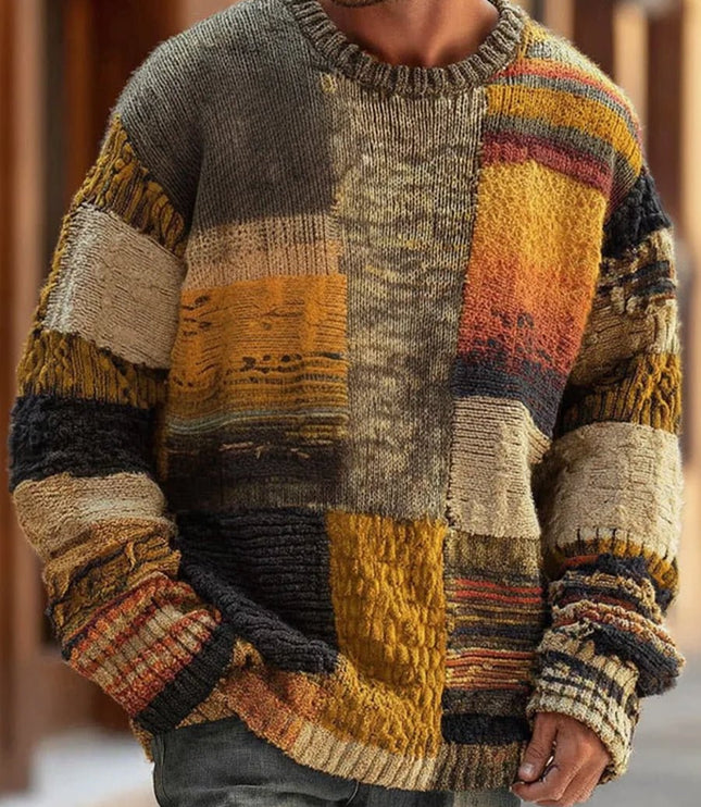 Men's Patchwork Colorblock Long Sleeve Knit Sweater - Abstract