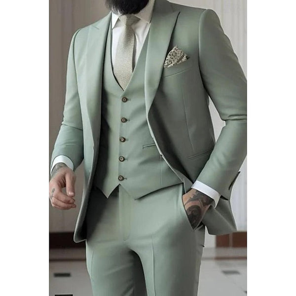 Sage green formal single breasted suit with peak lapel and matching vest