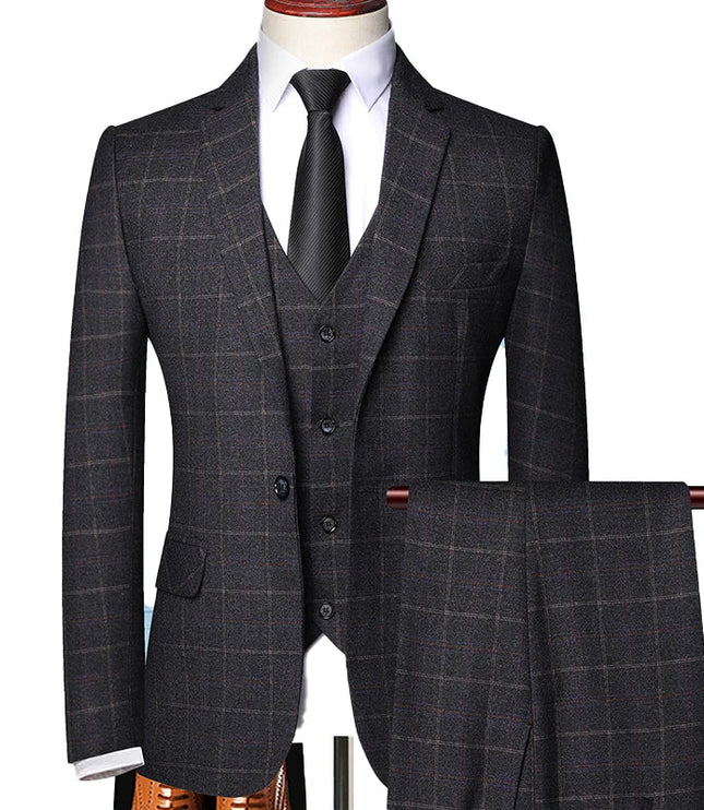 Charcoal gray plaid 3-piece formal suit jacket with vest and dress pants